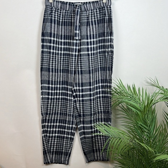 NWT Everlane The Linen Pull On Barrel Pants Navy Plaid Tie Front M High Waist - Picture 4 of 12